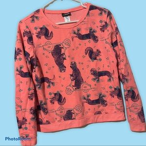 GIRLS-“JOE BOXER” CREW-NECK SWEATSHIRT— ORANGE W/ PICS OF ANIMALS THROUGHOUT